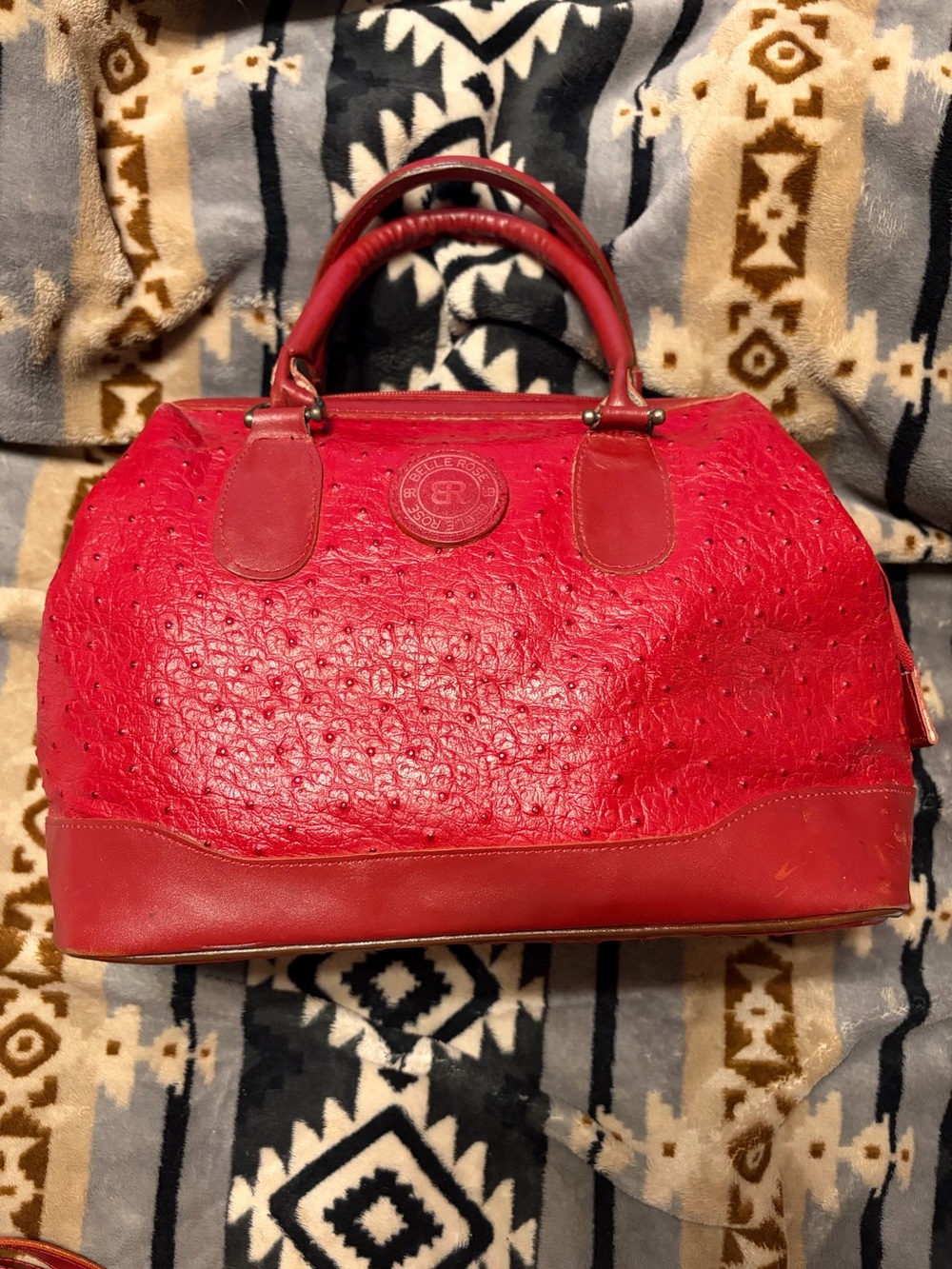 Belle Rose Vintage Rare Vibrant Red Ostrich  leather 2-way Satchel